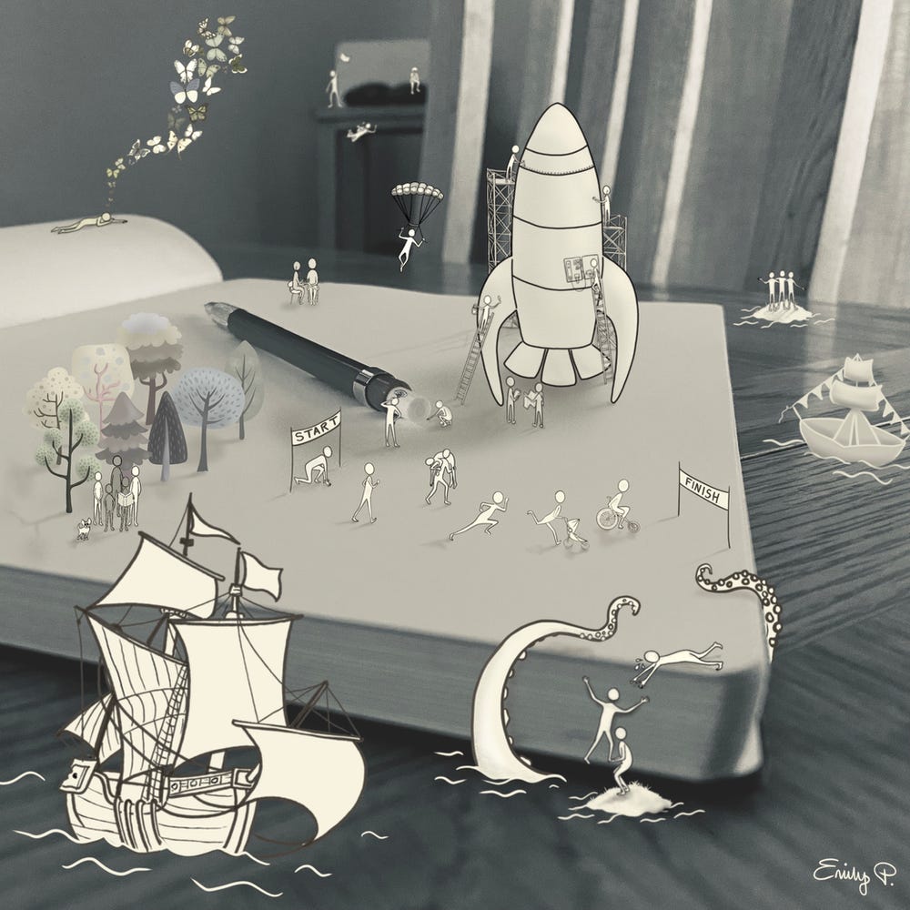 a black and white photo of a blank sketch book on a table surrounded by illustrations coming from the page, including trees, tiny people, a paper boat, a sailing ship and something tentacled and scary 