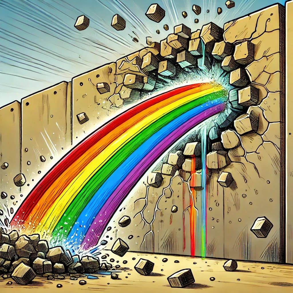 A political cartoon showing a large, solid wall beginning to crumble as a giant, powerful rainbow punches through it. The wall is depicted with cracks and debris falling as the rainbow's colors break through forcefully, symbolizing progress or social change. The scene is dramatic and lively, with the rainbow depicted as an unstoppable force. Cartoon style, with clear lines and exaggerated features to emphasize the impact of the rainbow bursting through.