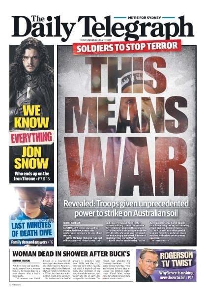 Image result for daily telegraph front page 17 July 2017