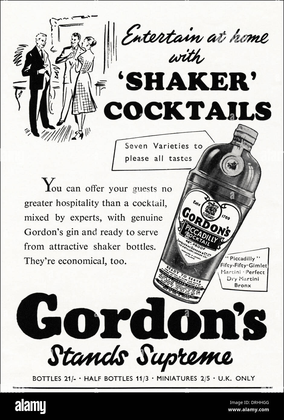 1950s advertisement advertising GORDON'S GIN for use in cocktails, advert  circa 1952 Stock Photo - Alamy