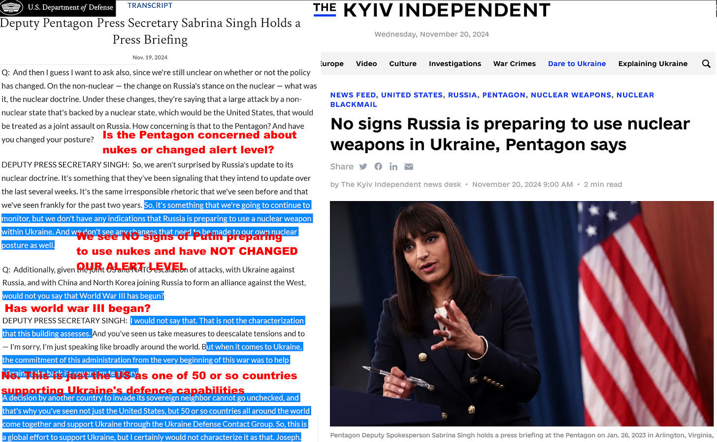 Fact checking CLICKBAIT - NOT in world war - Pentagon see NO RUSSIAN PREPARATIONS to use nukes - NO REASON to change USA's posture - air raids in Kyiv normal - Nordic booklets updates not about nukes