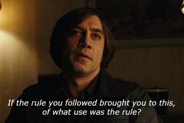 reactions on X: "anton chigurh no country for old men if the rule you  followed brought you to this of what use was the rule  https://t.co/dGKvtRTFPI" / X
