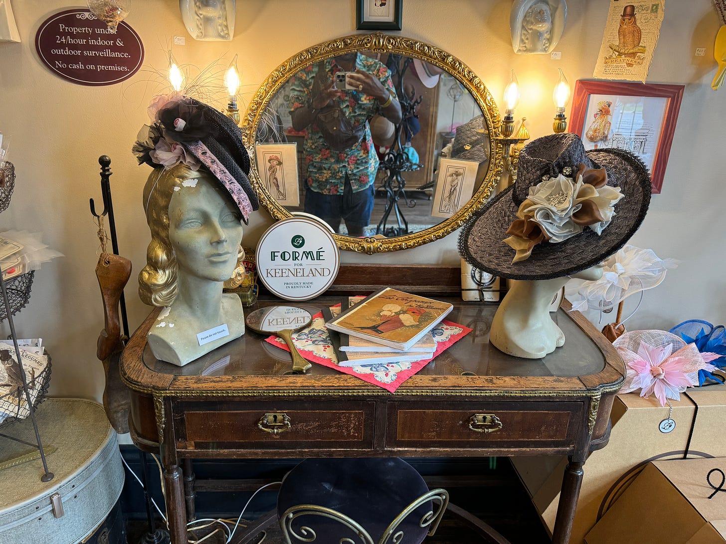 This is an image of a one hat display, among many, on the inside of the shop.