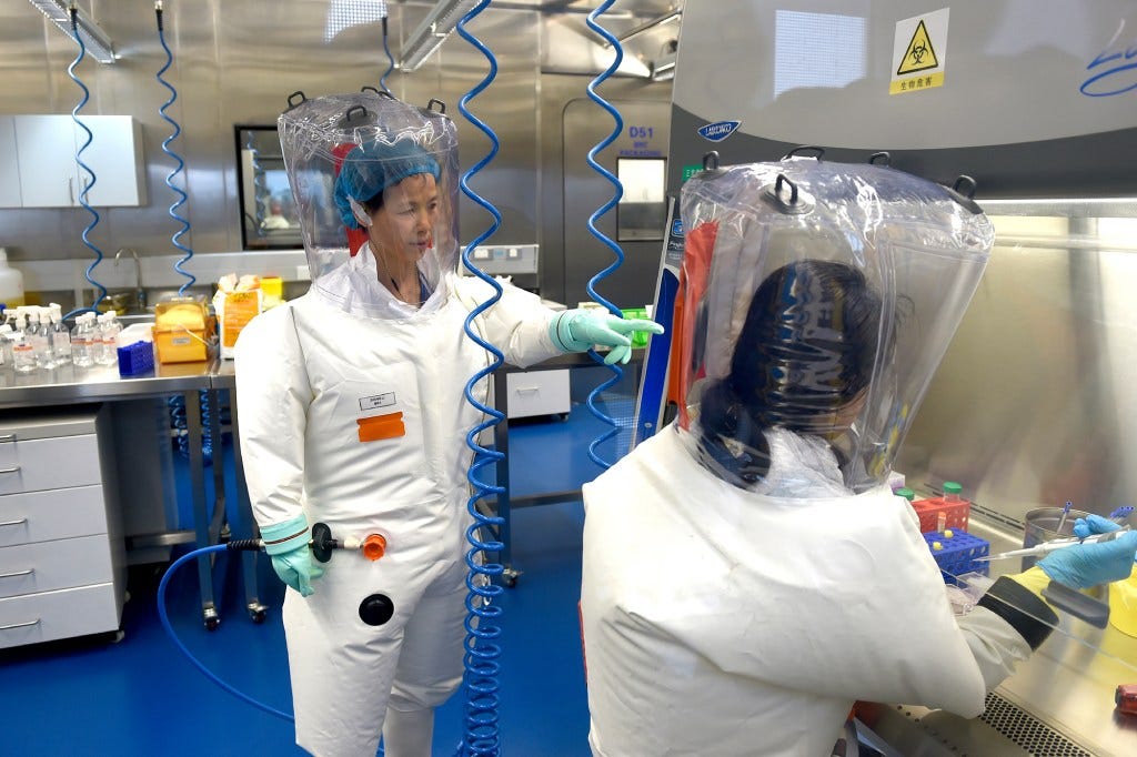 Shi Zhengli and other researchers in a Wuhan lab wearing protective suits and a blue hose in the background.