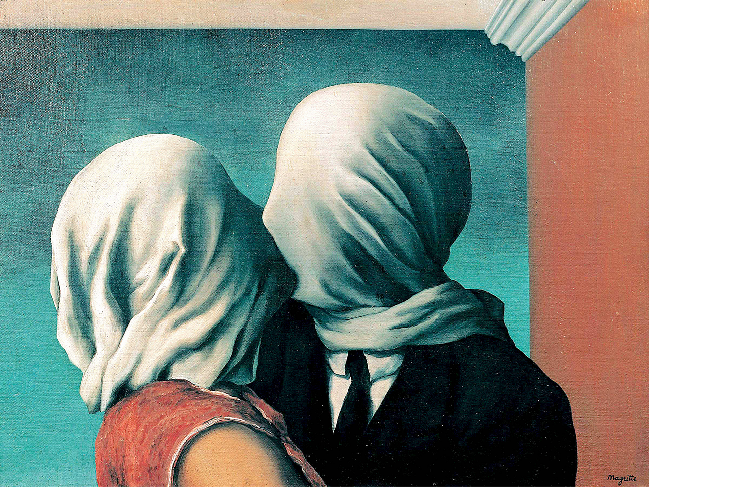 Rene Magritte’s famous painting ’The Lovers’ now titled ‘A Safe and Effective Affair’ in WEF Art Reset