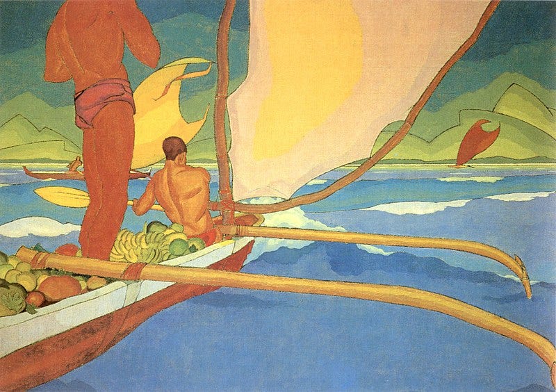 File:Arman Manookian - 'Men in an Outrigger Canoe Headed for Shore', oil on canvas, c. 1929.jpg