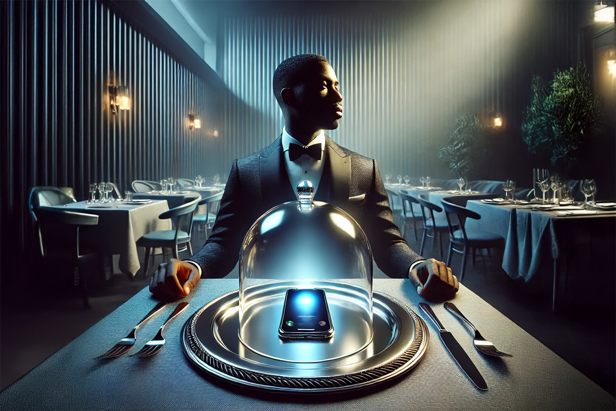 A stylish Black man in a tuxedo and bow tie sits at an elegant restaurant table, dramatically lit in blue and silver tones. In front of him, a smartphone rests on a silver platter covered by a clear glass dome, emitting a blue glow. The scene is set in an upscale dining room with white tablecloths and ambient wall lighting, creating a luxurious and cinematic atmosphere.