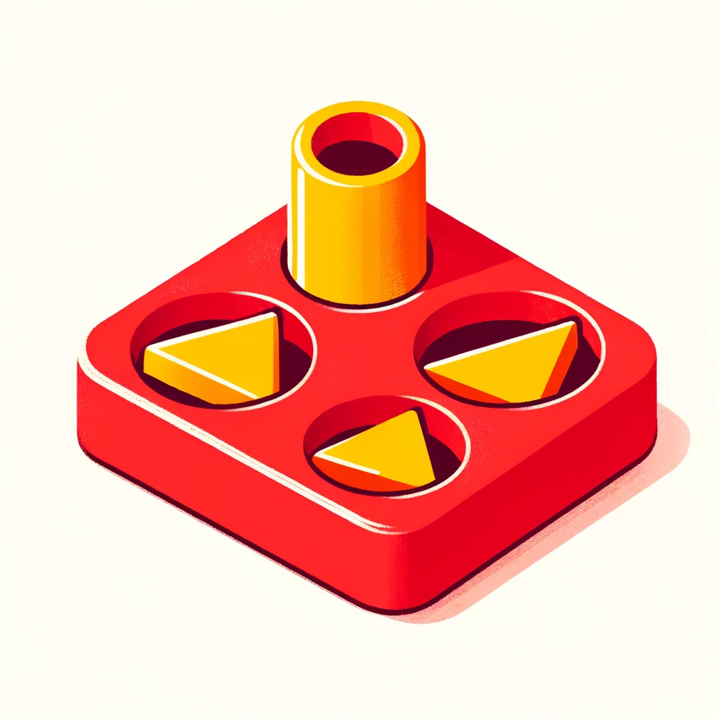 A cartoon style illustration of a red shape sorting toy with three cut-outs: a triangle, a circle, and a square. A bright yellow cylindrical shape is placed incorrectly on top of the circular cut-out. The background is plain white, emphasizing the simplicity and bright colors of the toy.