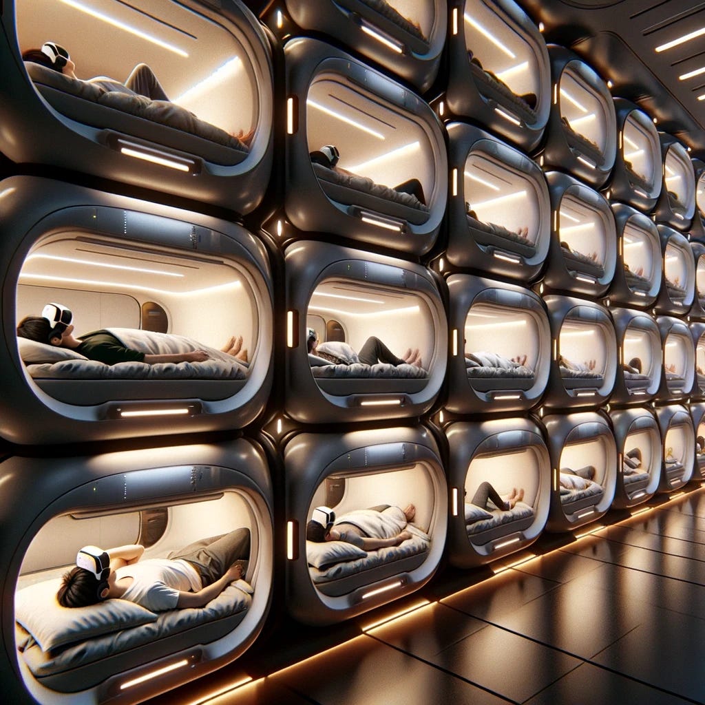 Imagine a futuristic Japanese-style capsule hotel, meticulously designed with rows of snug, individual capsules stacked beside and above each other. Each capsule is slightly open to reveal the occupants inside, who are lying down comfortably on their backs. Every person is wearing an Apple Vision Pro, completely immersed in their own virtual world. The scene captures the blend of modern technology with traditional Japanese efficiency and space-saving design. The ambient lighting is soft and calming, highlighting the sleek and minimalistic design of the capsules, which are equipped with various high-tech amenities for convenience and comfort. The atmosphere suggests a peaceful, personal entertainment experience, emphasizing the quiet focus of each individual in their own digital universe.