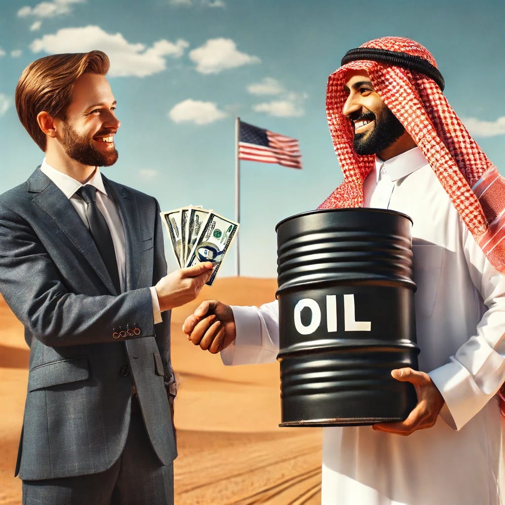 A man in traditional Saudi attire, including a white thobe and red checkered keffiyeh, is exchanging a barrel of oil for a few dollars with an American man dressed in a suit. They are standing in a desert setting with sand dunes and a clear blue sky. The Saudi man is holding the barrel, while the American is handing over a few dollar bills. The scene is friendly and businesslike, with both men smiling and shaking hands.