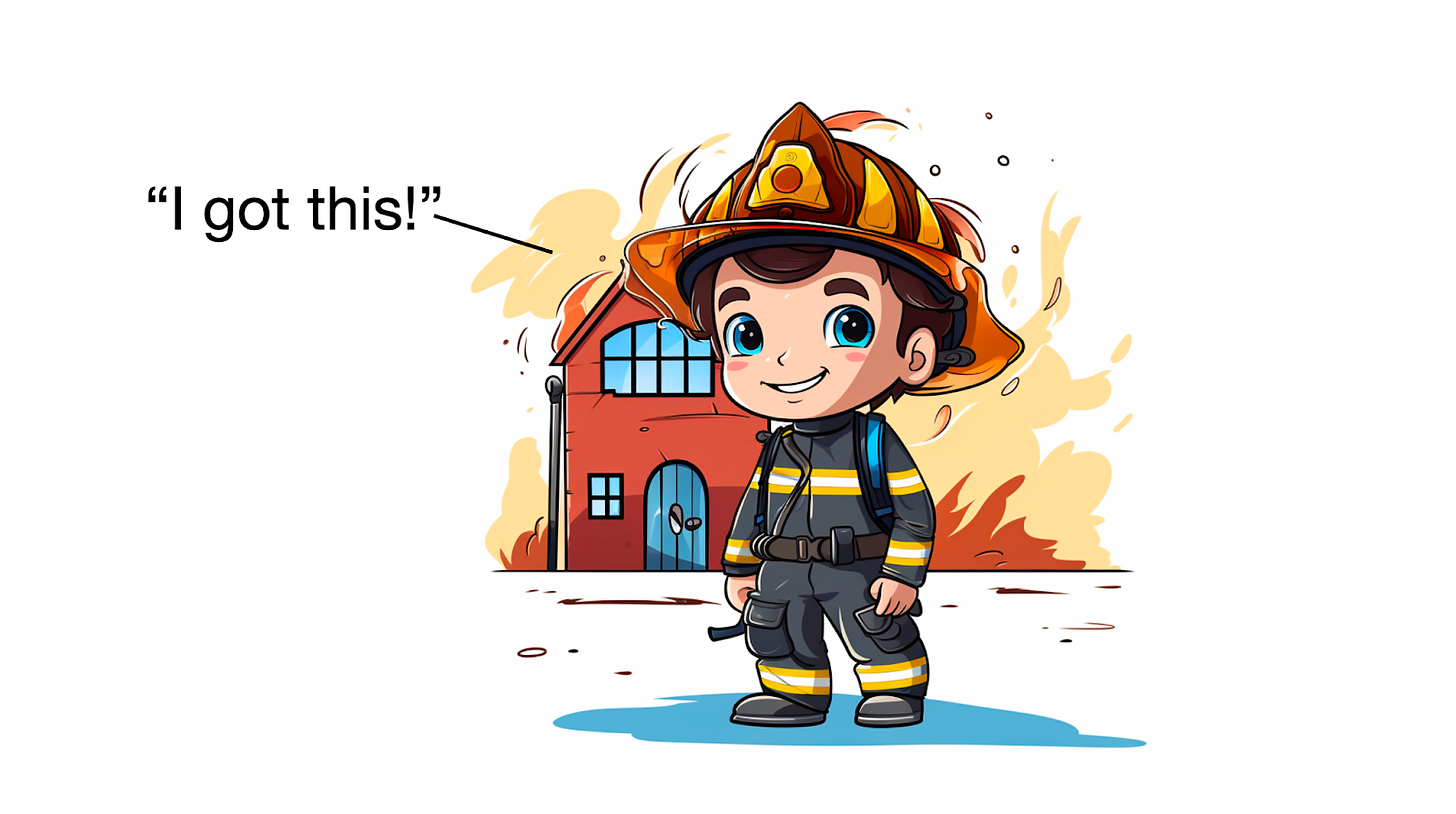 A kid in front of a burning house wearing a firefighter's suit saying "I got this."
