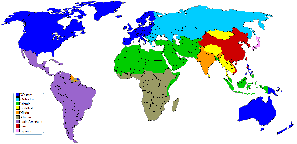 r/MapPorn - Samuel Huntington's 1996 magnum opus (The Clash of Civilizations and the Remaking of World Order) turns 25. Has his famous/infamous map held up against the test of time? What changes are warranted in your opinion?