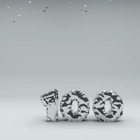 A gif of a silver, foil-wrapped looking "100" with silver confetti falling around