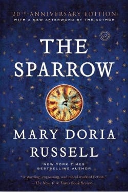 A navy blue background with the picture of a sparrow in a gold disc. The words The Sparrow Maria Doria Russell are printed on it in white font.