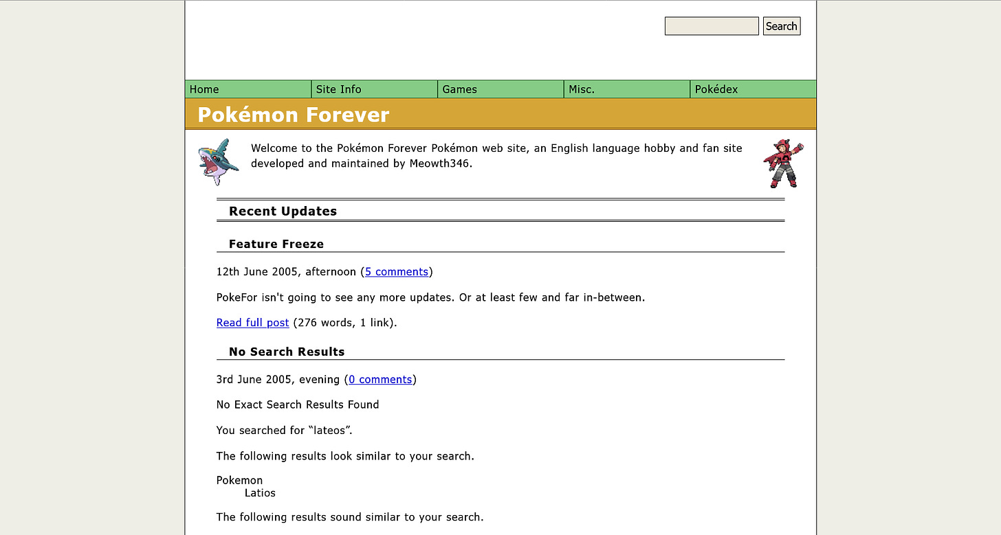 The final layout for Pokémon Forever from June 2005