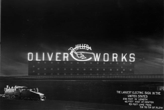 The mammoth electric sign atop the Oliver Chilled Plow Works was 260 feet long, had 4,000 incandescent bulbs, and was lit every night from 6 p.m. to dawn. Its light was somewhat unconvincingly described as “that of soft, delicate moonlight.” Photo provided