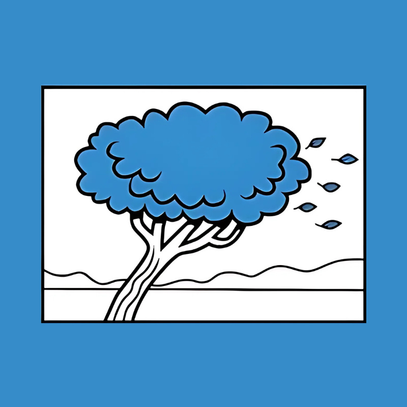Stylized image of a blue-leaved tree in a simple landscape, bending in the wind with leaves blowing to the right. The background is white with a blue frame. Stylized image of a blue-leaved tree in a simple landscape, bending in the wind with leaves blowing to the right. The background is white with a blue frame.