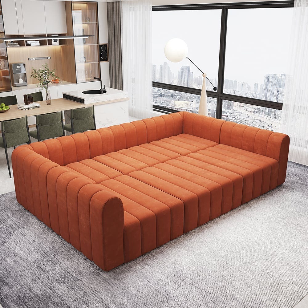 118.9" Velvet Convertible Modular Sectional Sofa Orange Upholstered 6-Seater Sofa Set