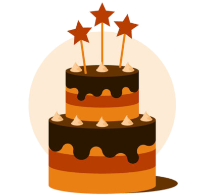 Illustration of a multi-layer cake (the layers are light and dark brown) with lots of frosting, and three candles shaped like stars on top.