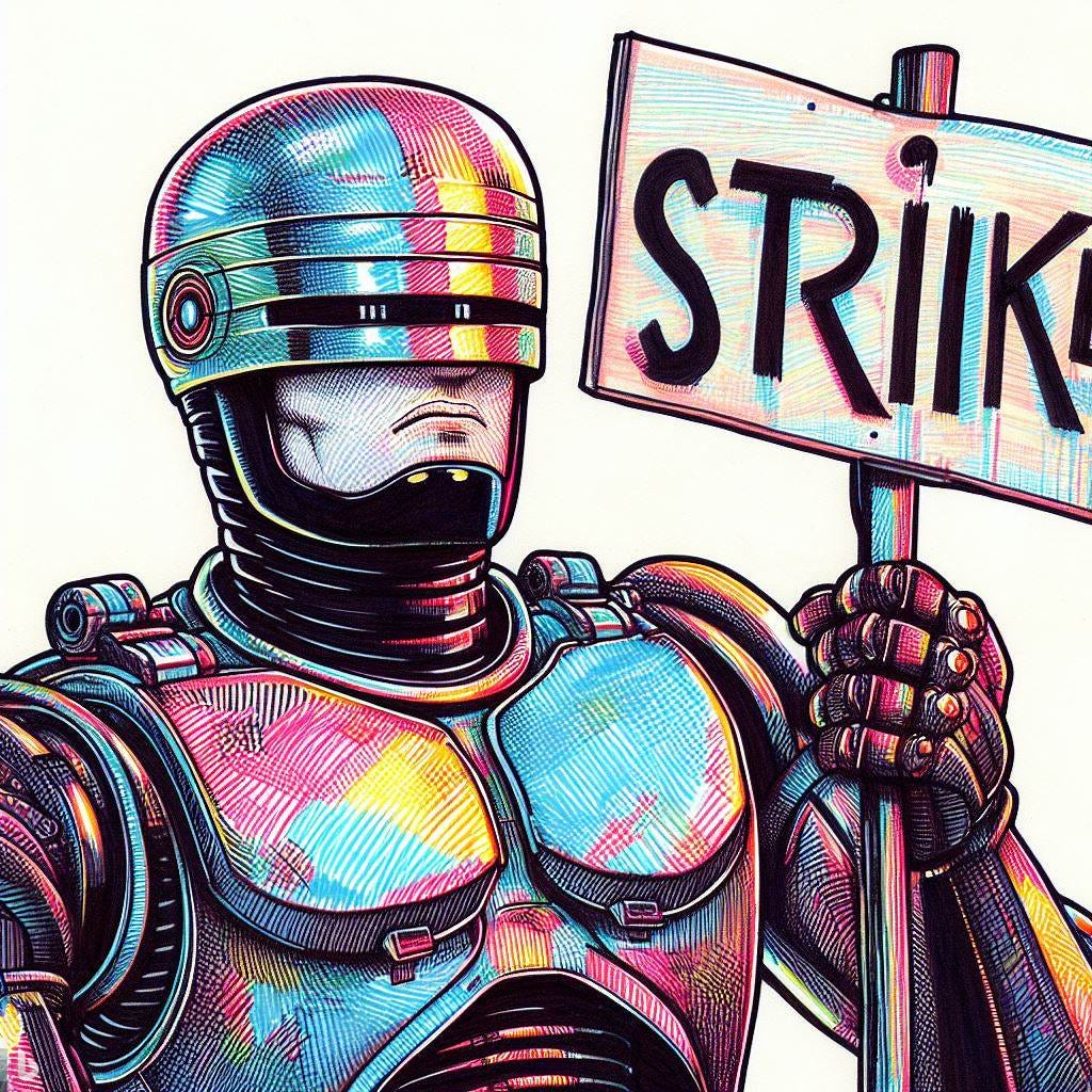 Robocop holding a sign at a strike, in a colorful marker poster illustration style with colored ink lines and light cross-hatching