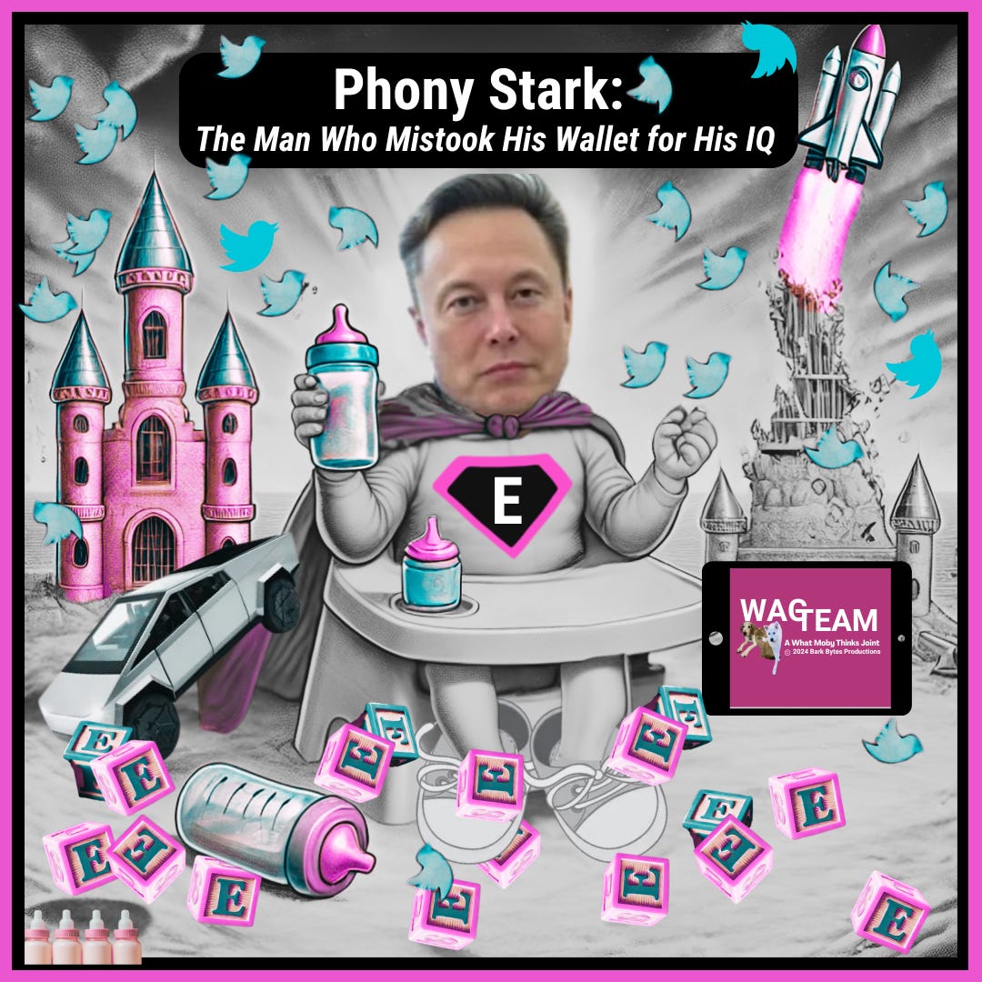 A satirical illustration showing a tech titan in a high chair surrounded by baby blocks marked 'E', Twitter birds, and toy castles. Features a Cybertruck tipped over like a discarded toy, while a rocket launches in the background with all the gravitas of a dropped sippy cup. WAG TEAM logo watches the chaos from a tablet screen.