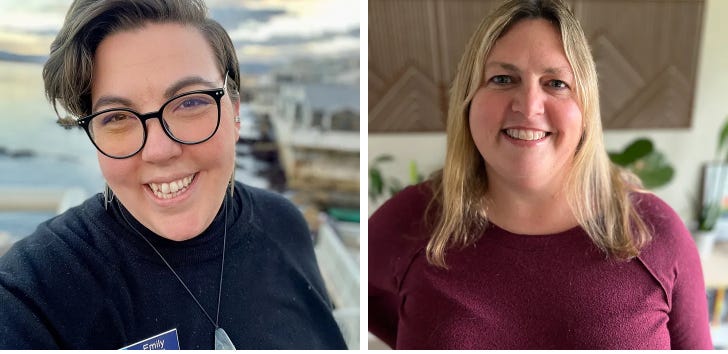 On the left: A headshot of a non-binary person with short brown hair that swoops up and to the left standing in front of the Monterey Bay Aquarium and rocky ocean coastline. They have fair skin, brown eyes, and dark-rimmed, round glasses and are wearing a black turtleneck with a jade necklace and blue Monterey Bay Aquarium nametag that  says “Emily (she/they). On the right: A headshot of a woman with shoulder-length blonde hair standing in an office with plants, wooden wall art, and bookshelves in the background. She is smiling, has fair skin, blue eyes, and is wearing a maroon sweater. 