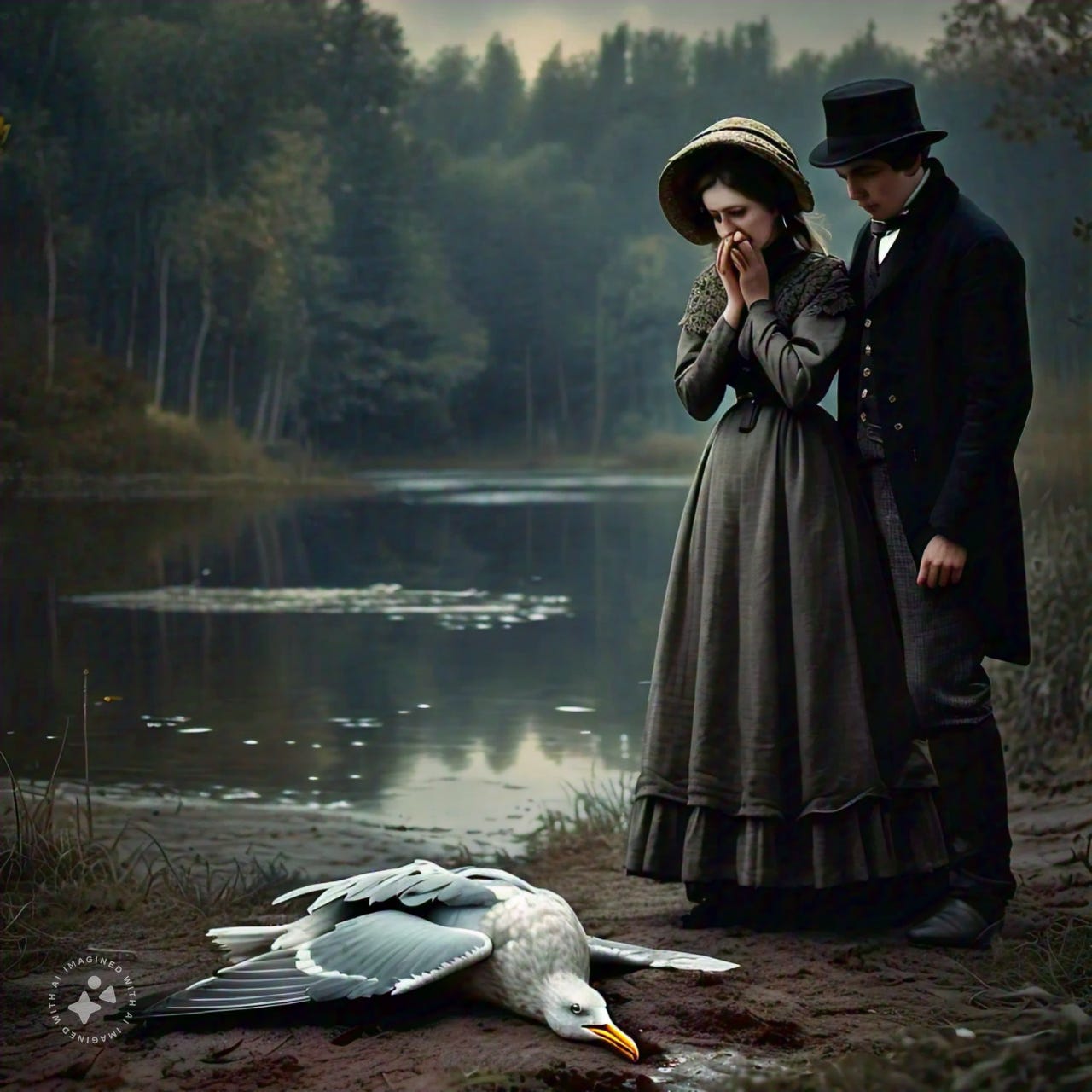 AI-generated image of a Russian man and woman looking at a dead seagull on the shore of a lake