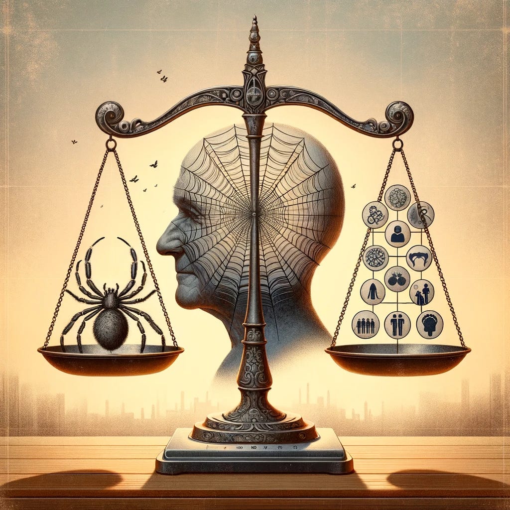 Illustration of a grand, intricately designed scale. On one side rests a spider in the middle of a detailed web, symbolizing the biomedical model. On the other side, various icons represent sociocultural, economic, and environmental factors. The background shows a faded silhouette of an individual with dementia, emphasizing their central importance in this balance.