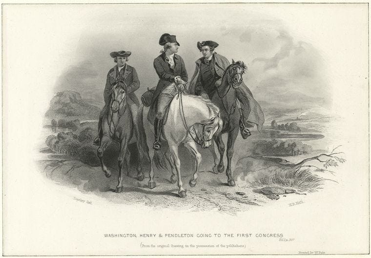 A sketch of Washington, Henry, and Pendleton riding horses together. They are going to the First Congress.