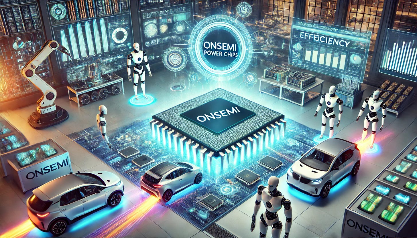 A 16:9 futuristic illustration showcasing onsemi’s power chips driving innovation in electric vehicles and robotics. The scene features a glowing onsemi-branded semiconductor chip at the center, with electric cars and humanoid robots connected to it through vibrant energy streams. The background includes a high-tech automotive assembly line and a robotics lab, symbolizing onsemi’s influence in powering next-generation transportation and automation. Holographic performance charts display efficiency gains, while engineers monitor real-time energy distribution, emphasizing the transformative impact of onsemi’s power chips.