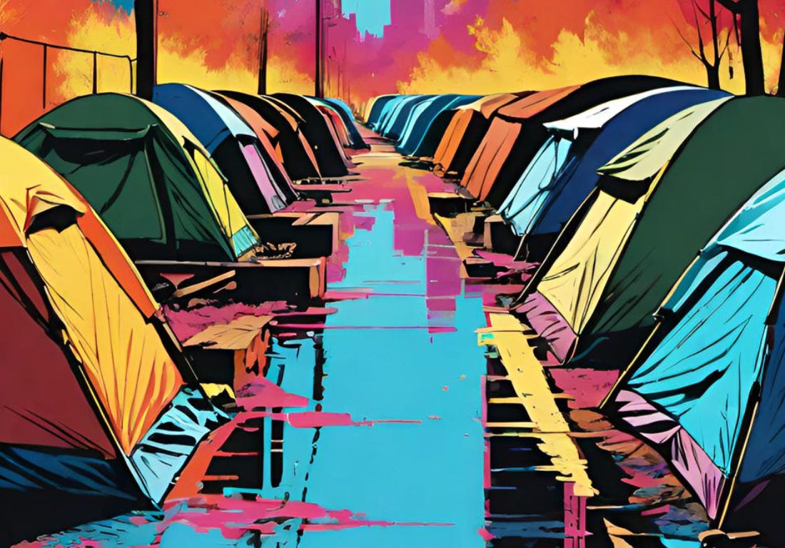 Colorful painting of a tent city in Los Angeles