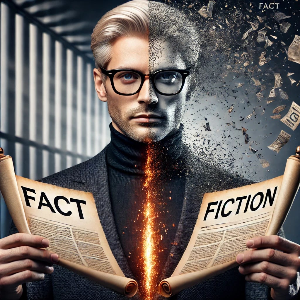 A stylish male tax advisor in his early 40s with no facial hair, platinum blonde hair, blue eyes, tortoise shell glasses, and wearing a black turtleneck, dramatically separating 'Fact' from 'Fiction' in a symbolic scene. He is holding two scrolls or documents, one clearly labeled 'Fact' glowing with clarity, the other labeled 'Fiction' crumbling into dust or dissolving into smoke. The background is a sleek office or courtroom-like space filled with light and order on one side, and shadows and confusion on the other. The imagery symbolizes clarity, truth, and the advisor’s expertise in debunking tax myths.