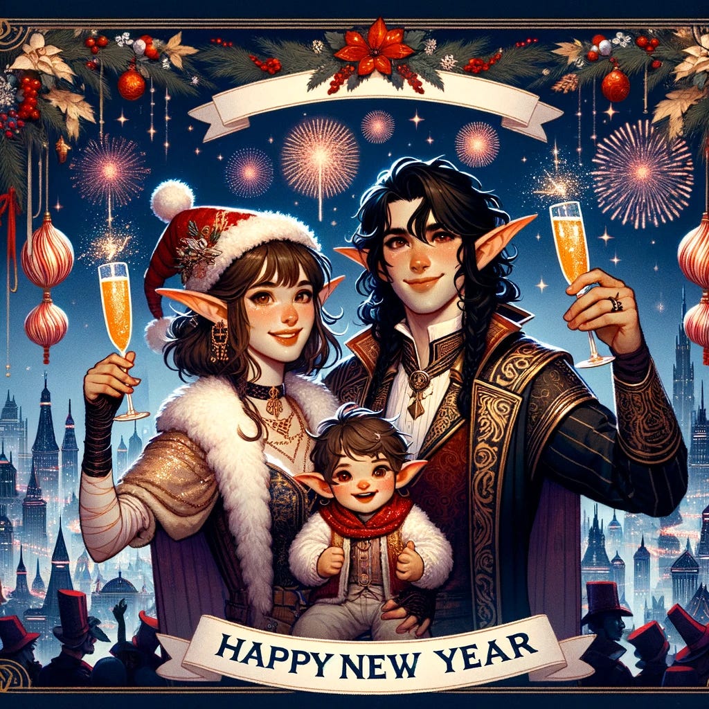 Create a 'Happy New Year' postcard featuring the young female elf with medium-length brown hair, the male elf mage with long black curly hair, and their baby. The postcard design includes festive New Year decorations, with the words 'Happy New Year' prominently displayed. The elf family is dressed in celebratory attire, with the background showing a solarpunk cityscape adorned with fireworks and holiday lights. They are smiling and holding up glasses of sparkling juice, with the baby playfully reaching for a glass. The scene conveys a sense of joy, celebration, and hope for the new year.