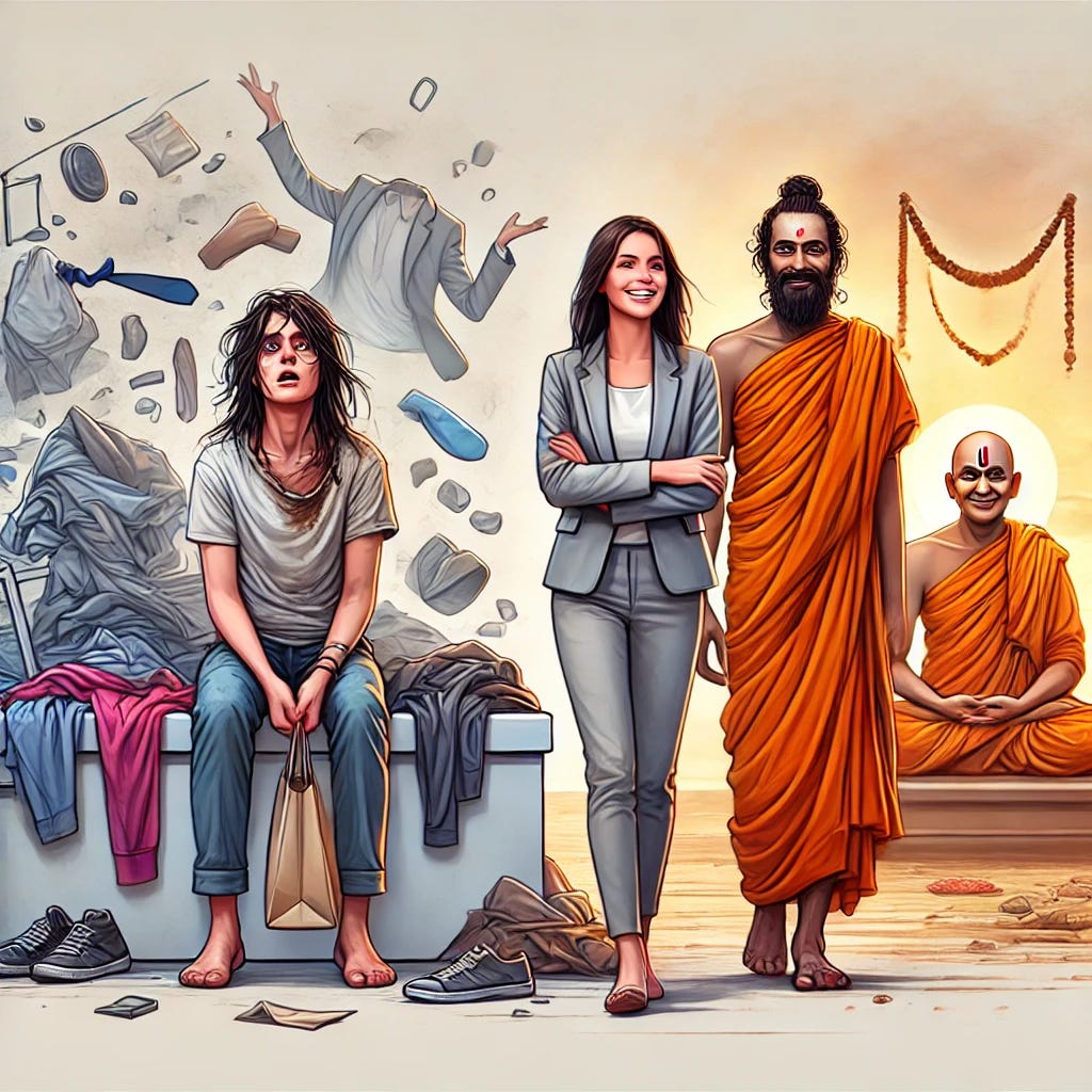 The image is a symbolic illustration of two modern individuals in a contrasting emotional state. One person looks exhausted and stressed, with a weary expression, messy clothes, and surrounded by scattered items symbolizing chaos and randomness in life. The other person appears calm, smiling, happy, and satisfied, exuding inner peace and contentment. Both individuals stand in the same setting, highlighting their emotional contrast. In the background, a serene Sadhu, dressed in traditional saffron robes, silently watches them with a composed and understanding gaze. The setting has subtle hints of modern chaos blended with spiritual undertones. The image is part of an article titled “From Chaos to Calm: Vedic Insights for Eternal Happiness” authored by Anish Prasad and published at astrojagriti.substack.com