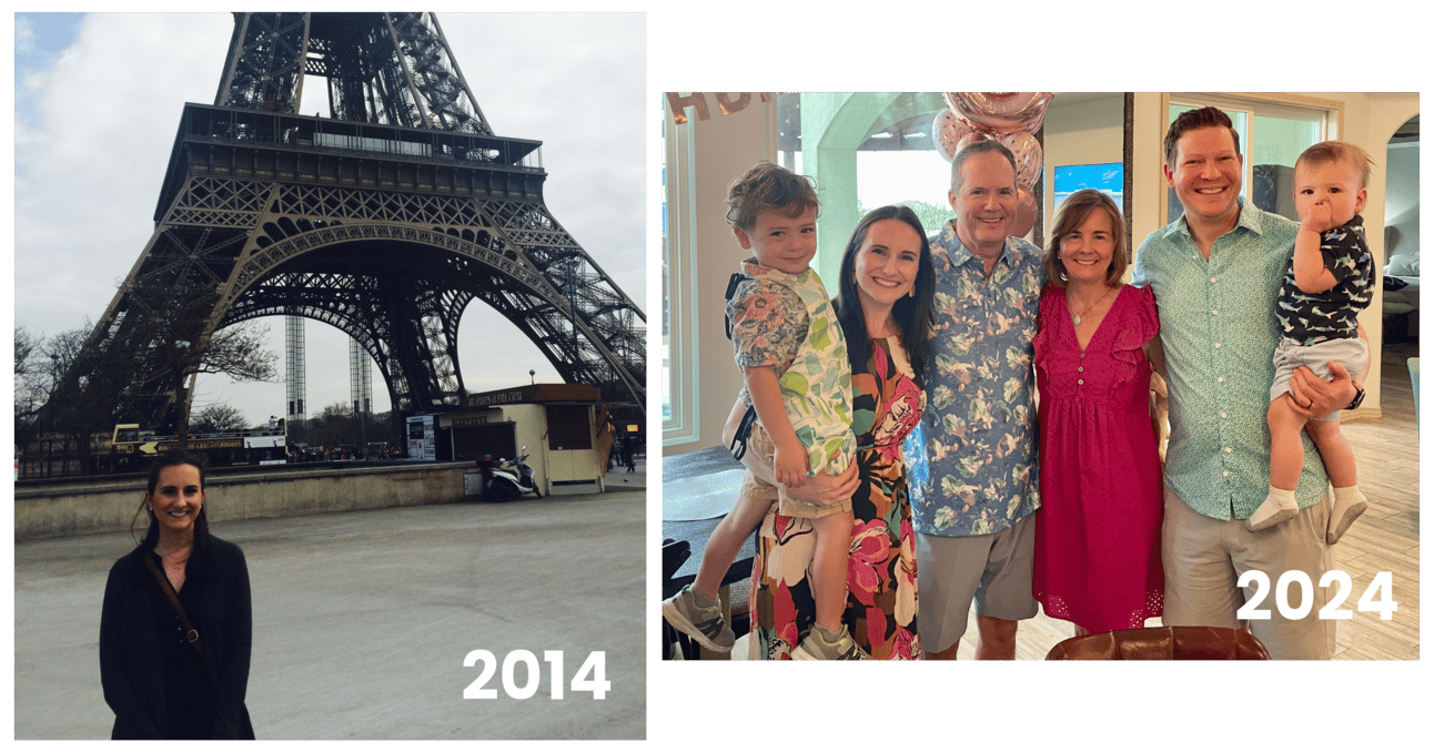 Woman in front of the Eiffel tower. Family smiling together. Woman in front of the Eiffel tower. Family smiling together.