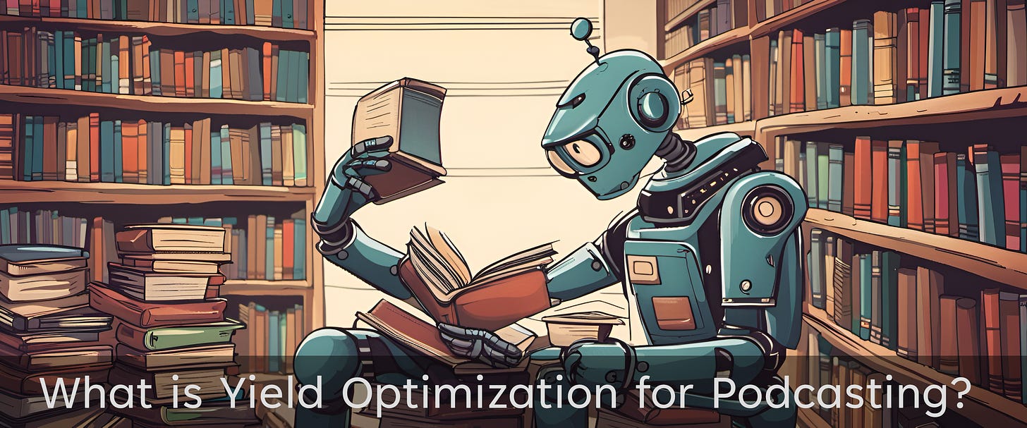 A blue cartoon robot sitting in a library in front of a stack of books attempting to read up on yield optimization
