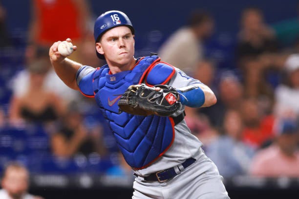 Will Smith of the Los Angeles Dodgers throws to first base against the Miami Marlins during the fifth inning at loanDepot park on September 06, 2023...