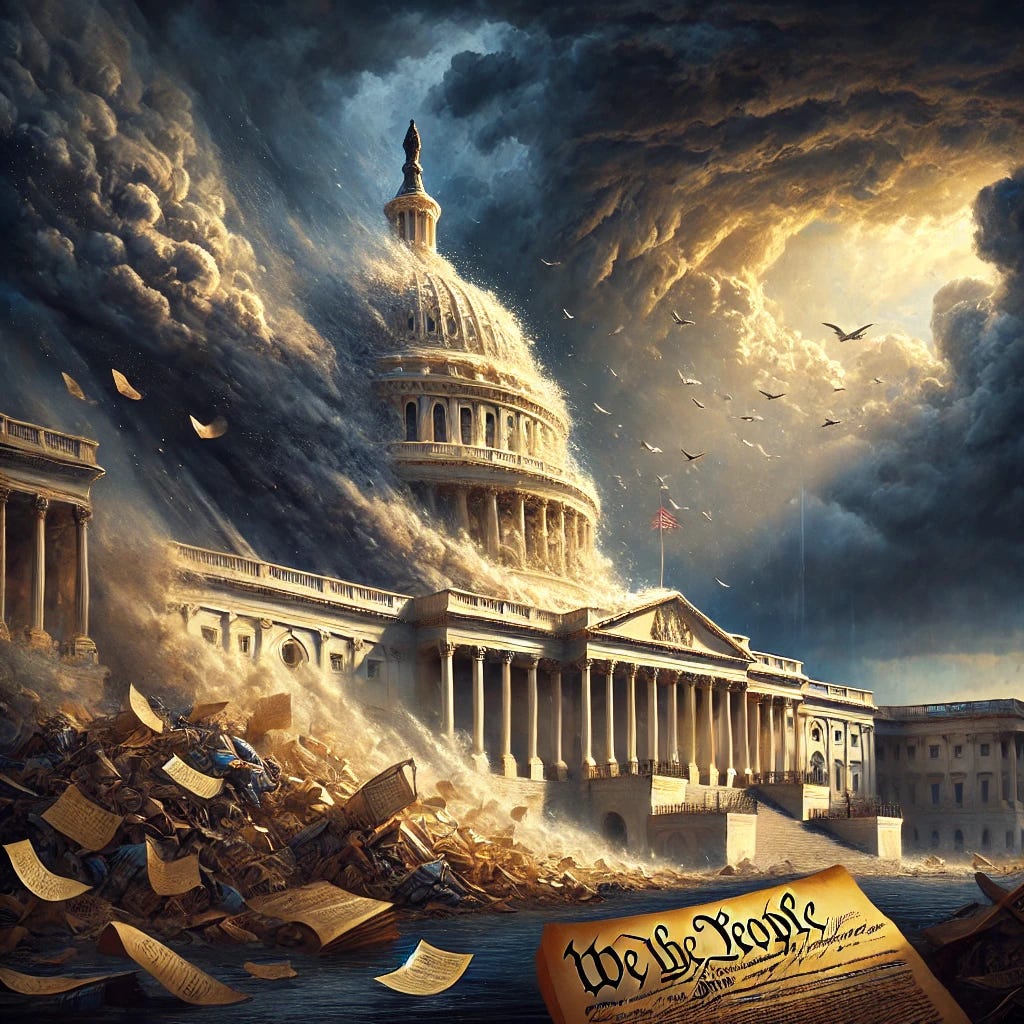 A dramatic digital painting of the U.S. Capitol engulfed by a massive storm, with dark clouds swirling above and waves of destruction consuming the building. Torn pages and documents, including the U.S. Constitution, are scattered in the foreground, symbolizing political turmoil and collapse. A golden light breaks through the storm, hinting at hope amidst the chaos.