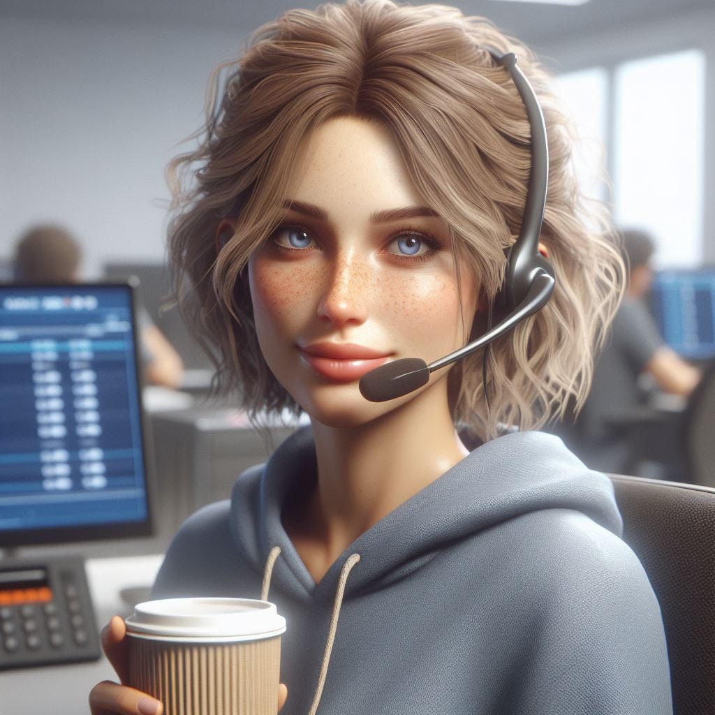 Call center worker photorealistic female beautiful with shorter blonde wavy hair and a cup of coffee and freckles