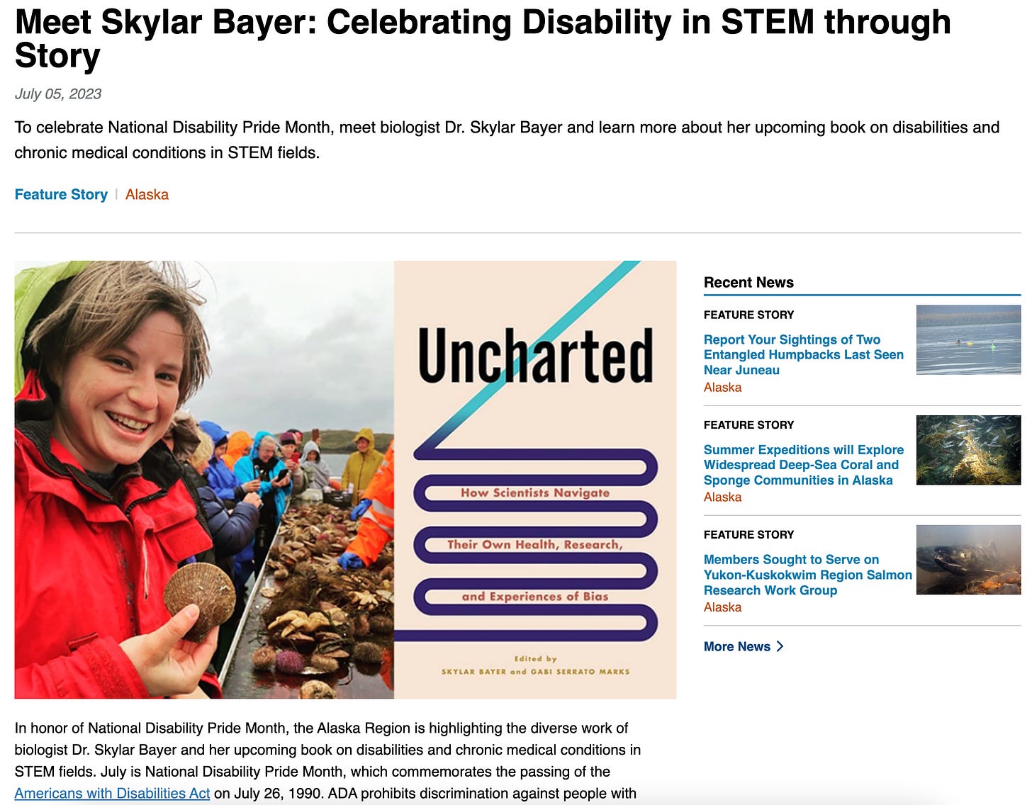 Screenshot of NOAA fisheries feature article with an image of Skylar and the Uncharted cover. The headline reads "Meet Skylar Bayer: Celebrating Disability in STEM through Story."