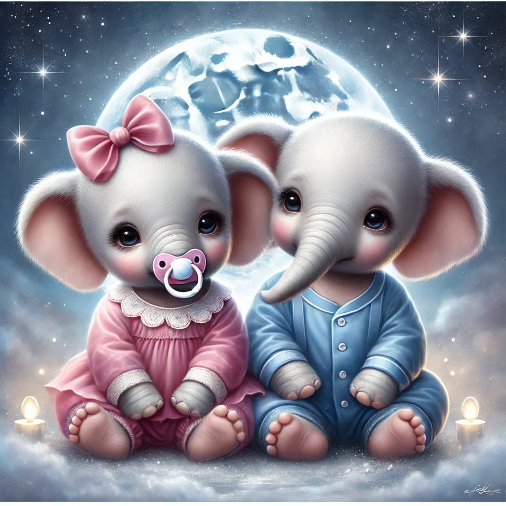 A modern painting-style image of two baby elephants dressed as a baby girl and boy, both with pacifiers in their mouths, sitting together and gazing at a star-filled night sky. The elephants have soft, expressive eyes and gentle lighting highlights their adorable features. The background is a dreamy night scene with a glowing moon and scattered stars, creating a peaceful and whimsical atmosphere.
