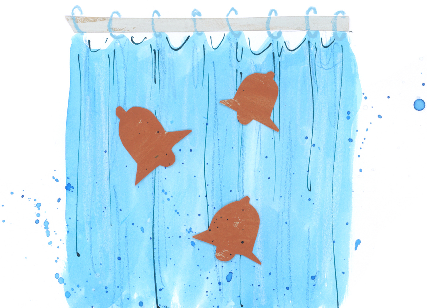 collage and ink illustration of a closed shower curtain with notification symbols over it
