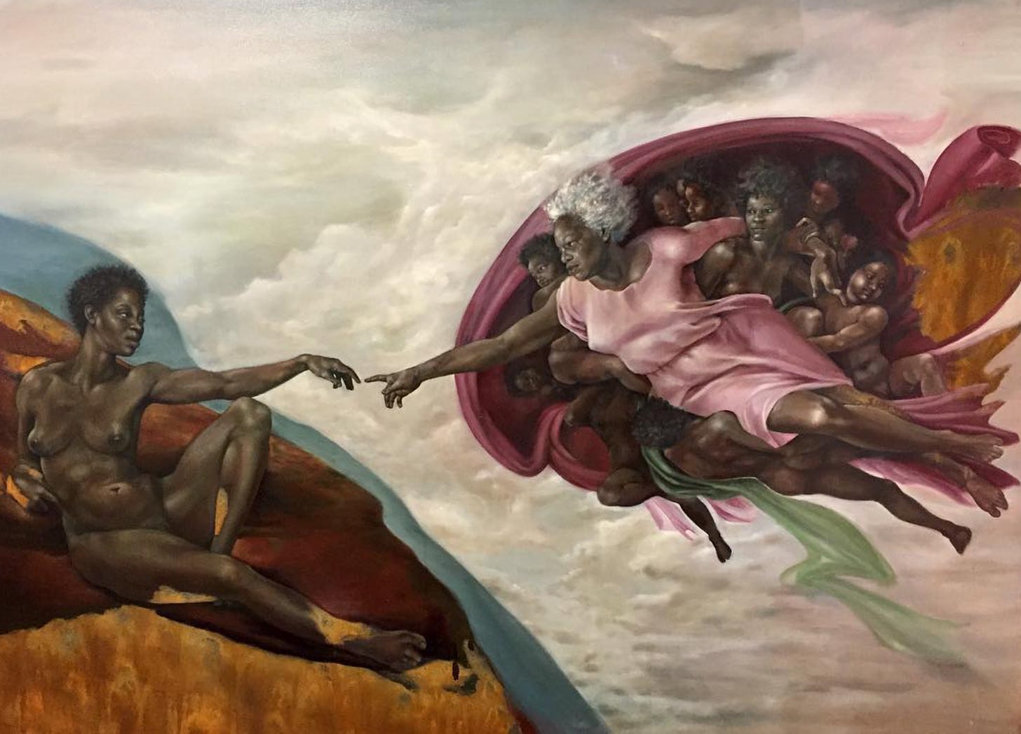 Michaelangelo's The Birth Of Adam except God and Adam are both black women, dammit