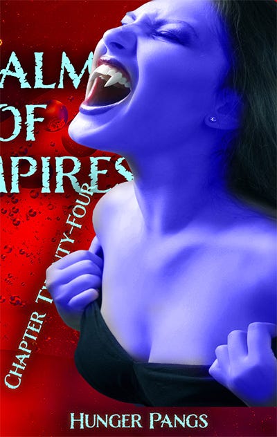 Rampaging vampire lady, close up of face, the titling of the novel has been pushed aside