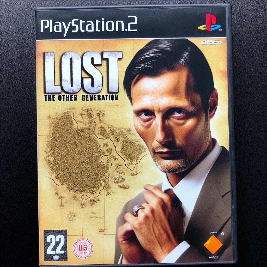 PS2 game cover. Mads Mikkelsen looking over an undetailed, simplified map of a tropical island. He has an expensive suit and an evil expression as he surveys his plans. The title reads "LOST: The Other Generation".