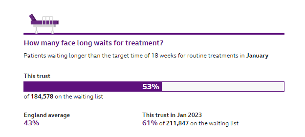 A screenshot of the article from the BBC about NHS waiting times. There is an interactive element, where the user can imput their postcode to find out more about waiting times in their area. 