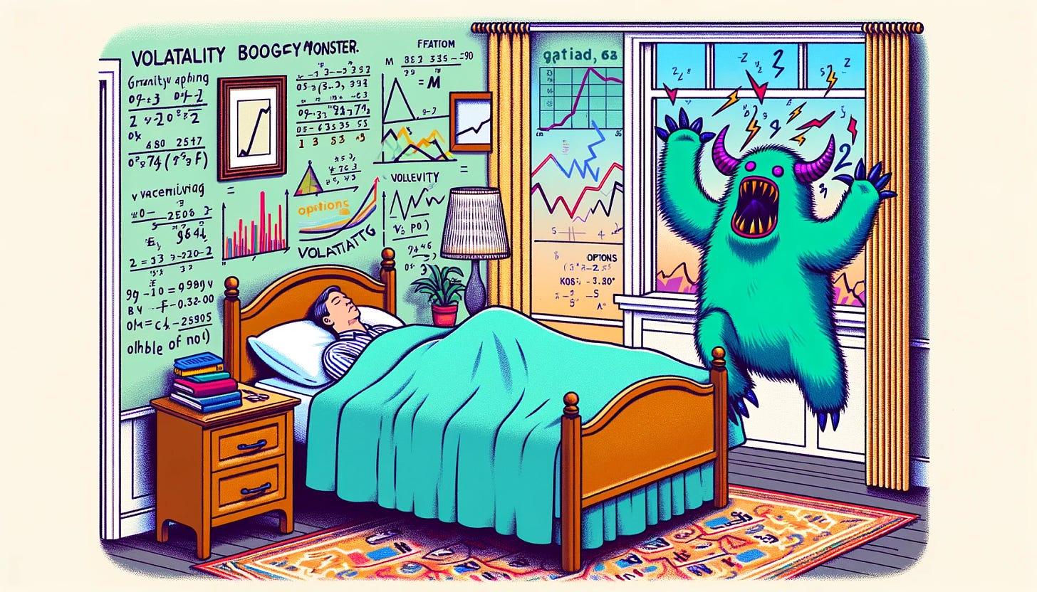 A whimsical, cartoonish image in a 1990s animation style, depicting a serene, peaceful bedroom scene with a trader sleeping soundly in bed. The room is decorated with subtle elements of math and finance, such as charts and formulas related to options and volatility, gently integrated into the decor. Suddenly, a 'volatility boogey monster', a fantastical, comical creature embodying the concept of market volatility, bursts into the room, waking the trader. The boogey monster is colorful, slightly exaggerated, and not too frightening, aligning with a humorous and light-hearted approach.