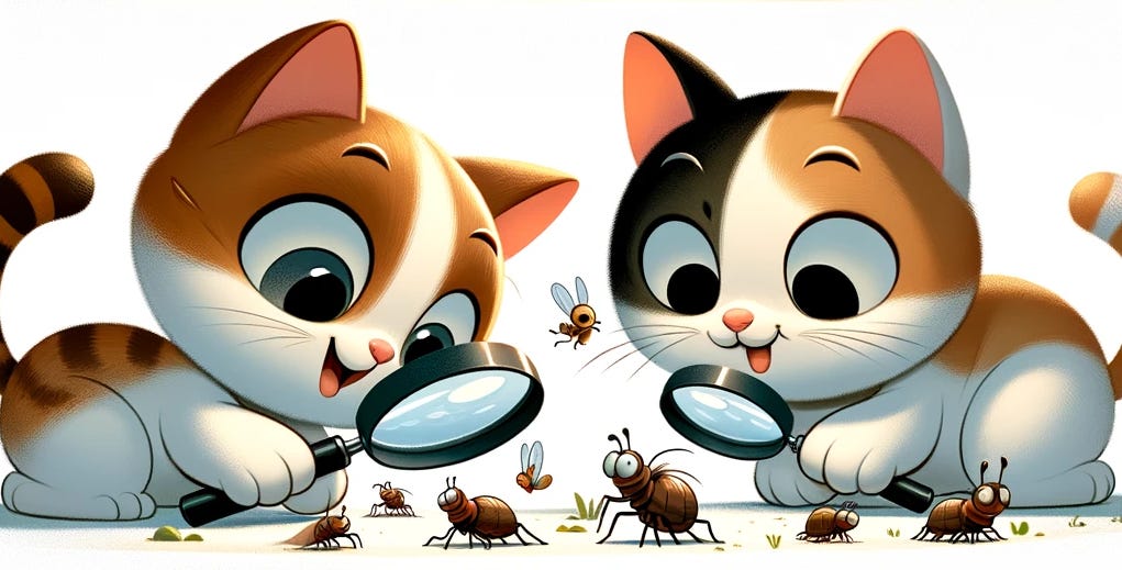 DALL*E - cartoon cats examining bugs with magnifying glasses.