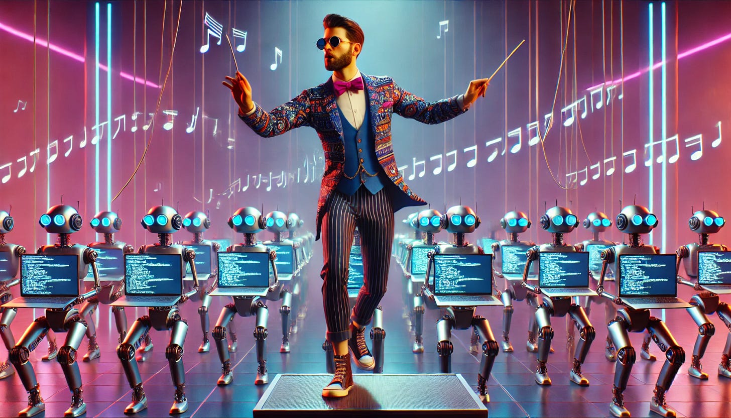 A humorous futuristic scene featuring a stylish, hip-looking programmer dressed in a funky, modern outfit, acting as an orchestra conductor. He is leading an orchestra of AI-powered robots, each holding a laptop or a computer instead of musical instruments. The robots are generating lines of code on their screens while following the programmer's energetic baton movements. The environment is neon-lit, cyberpunk-inspired, with glowing blue, purple, and pink lights. The atmosphere is playful and creative.