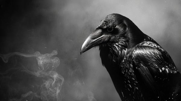 Realistic crow tattoo on a smoky, ominous background.